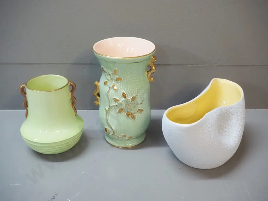 3 vases - Carlton Ware and Crown Devon handled vases and another (German?) marked MCP. Crown Devon is H175 Image 1++