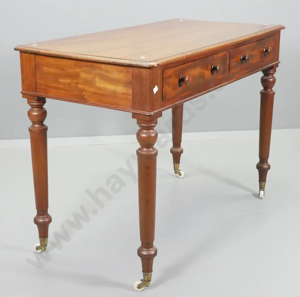 vintage mahogany 2-drawer hall table / writing desk, original porcelain casters, turned legs H770 W1050 D540 Image 1++