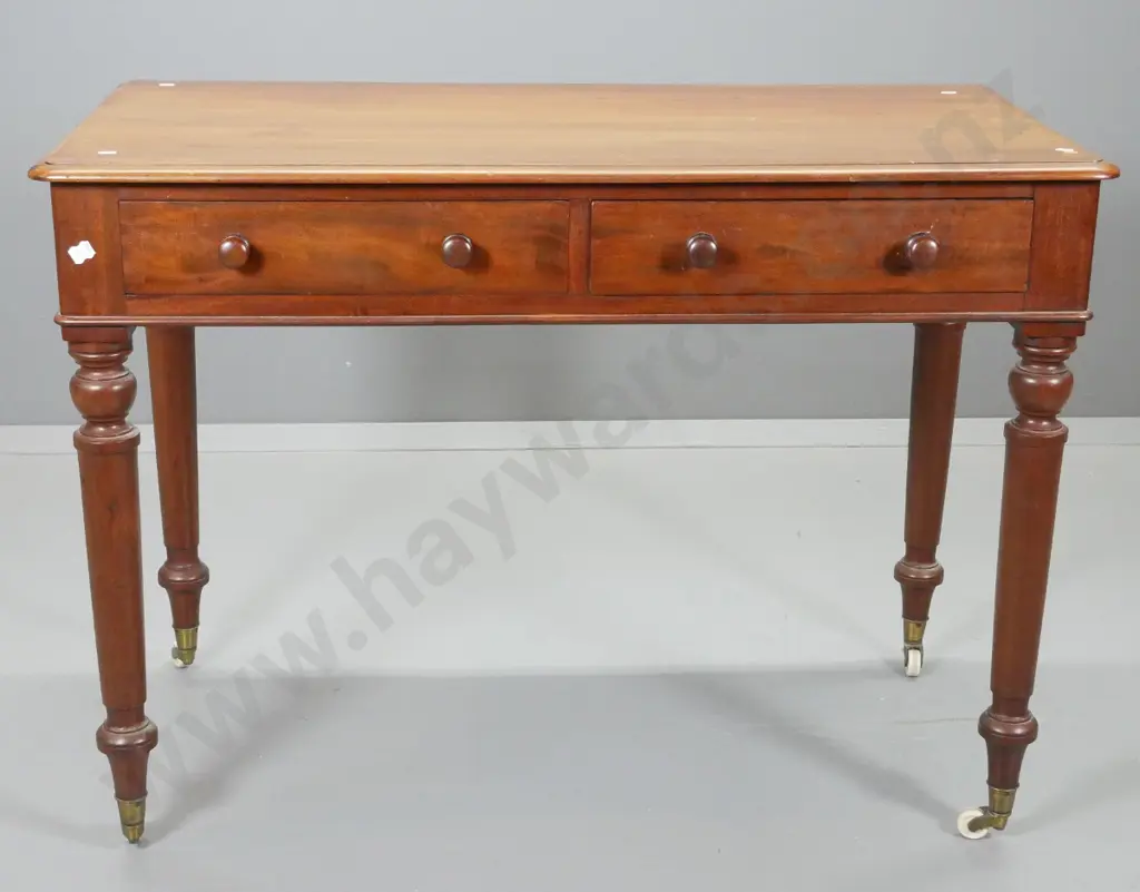 vintage mahogany 2-drawer hall table / writing desk, original porcelain casters, turned legs H770 W1050 D540 Image 1++