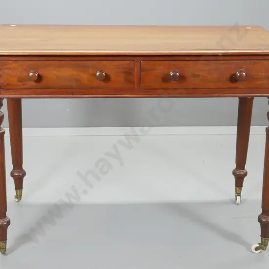 vintage mahogany 2-drawer hall table / writing desk, original porcelain casters, turned legs H770 W1050 D540