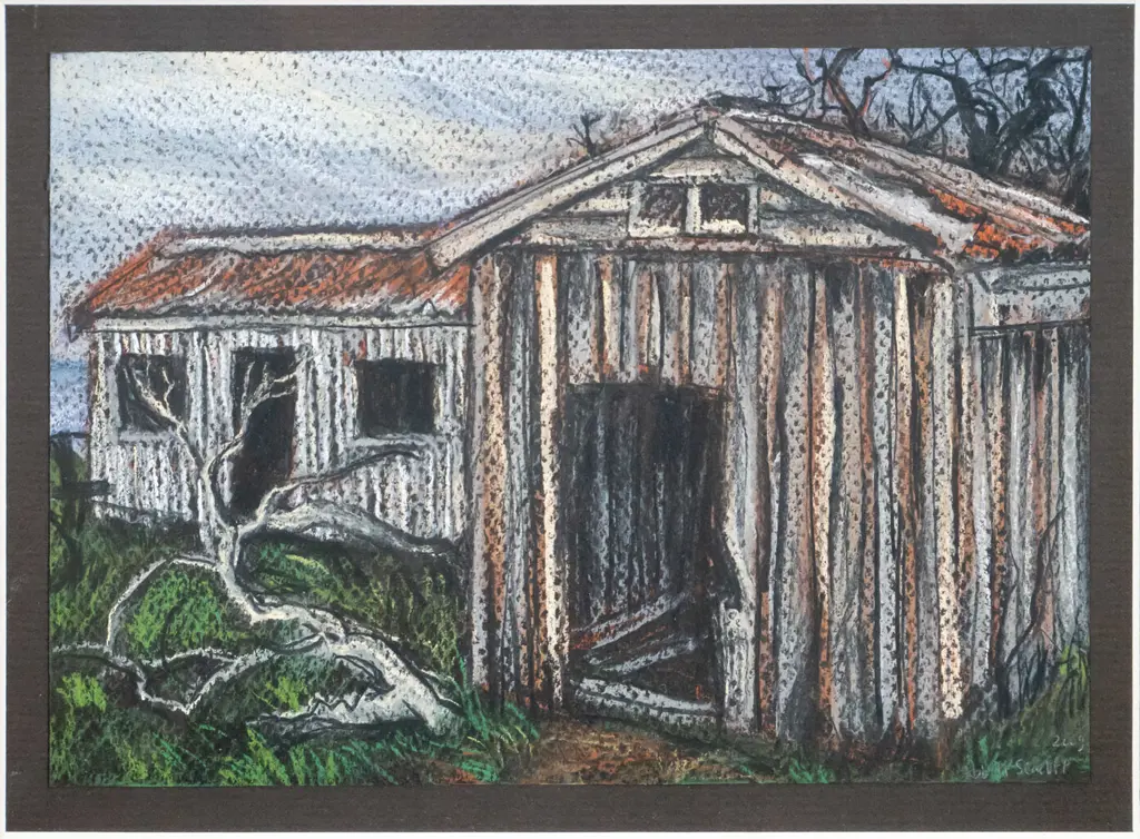 Liz Abbott 2009 - framed conte "Farm Building, Seacliff" H-150 W-210 Image 1++
