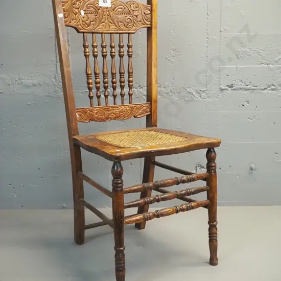vintage dining chair with spindle back, carved rails, woven cane seat H940 W410 D440