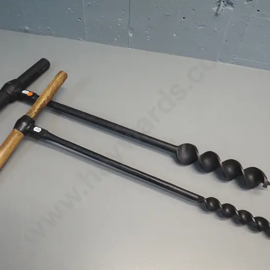 2 vintage large T-handle auger drills with timber handles - shorter L-660, longer one with painted handle L-700