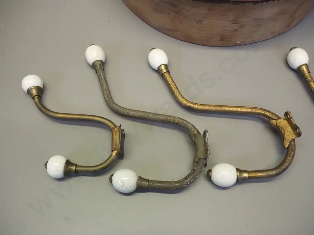 5 vintage metal coat hooks with porcelain knobs (one non matching) and a small garden sieve D-330 Image 1++