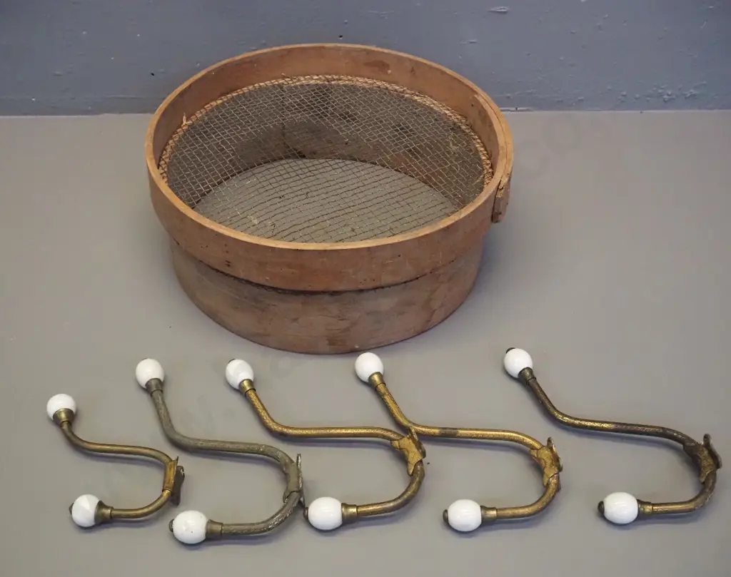 5 vintage metal coat hooks with porcelain knobs (one non matching) and a small garden sieve D-330 Image 1++