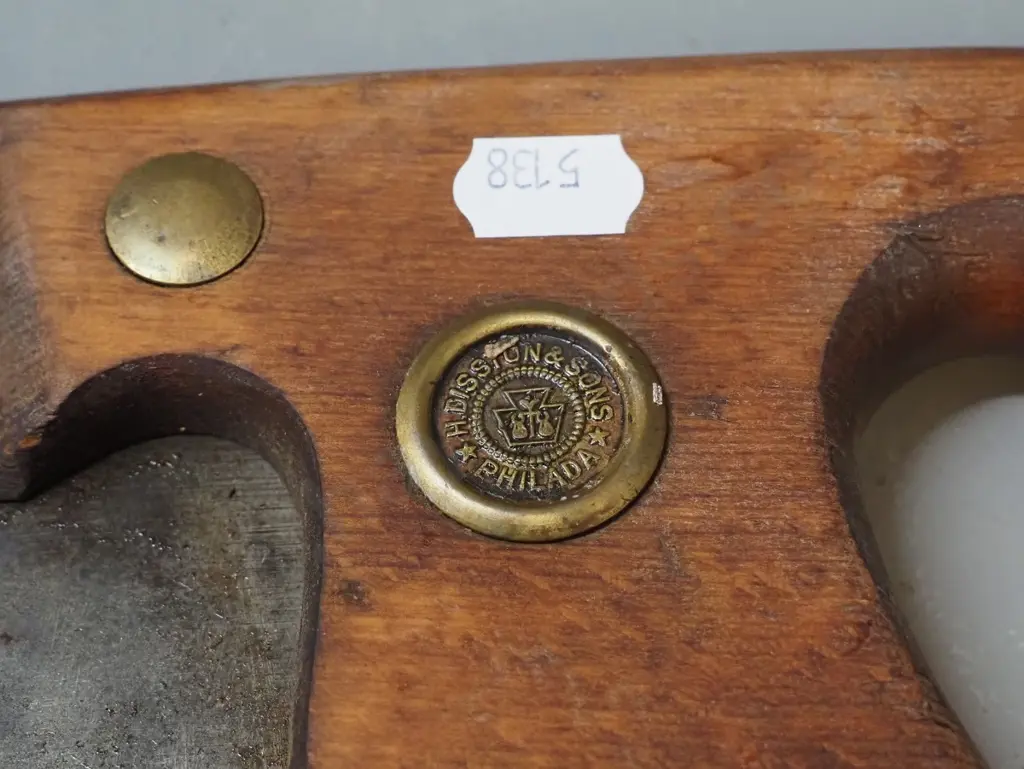vintage saw marked Disston L-880 and a timber handled hay knife with Skelton & Co Sheffield mark Image 1++