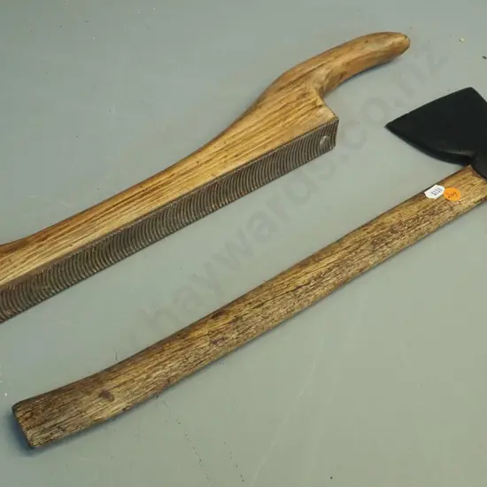 vintage tomahawk L-480 and a wooden handled rasp or file