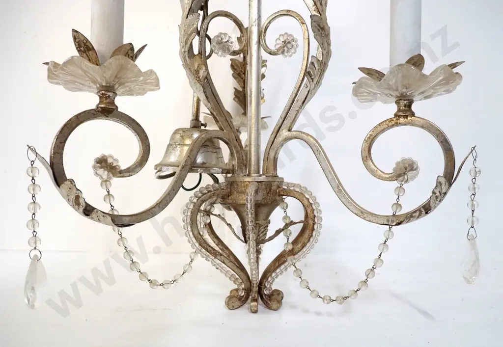 modern 3-light candelabra style hanging light fitting with gilded finish, lustres and beading H-630 W-440 Image 1++