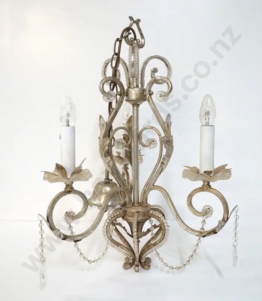 modern 3-light candelabra style hanging light fitting with gilded finish, lustres and beading H-630 W-440 Image 1++