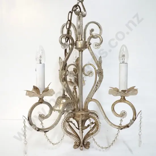 modern 3-light candelabra style hanging light fitting with gilded finish, lustres and beading H-630 W-440