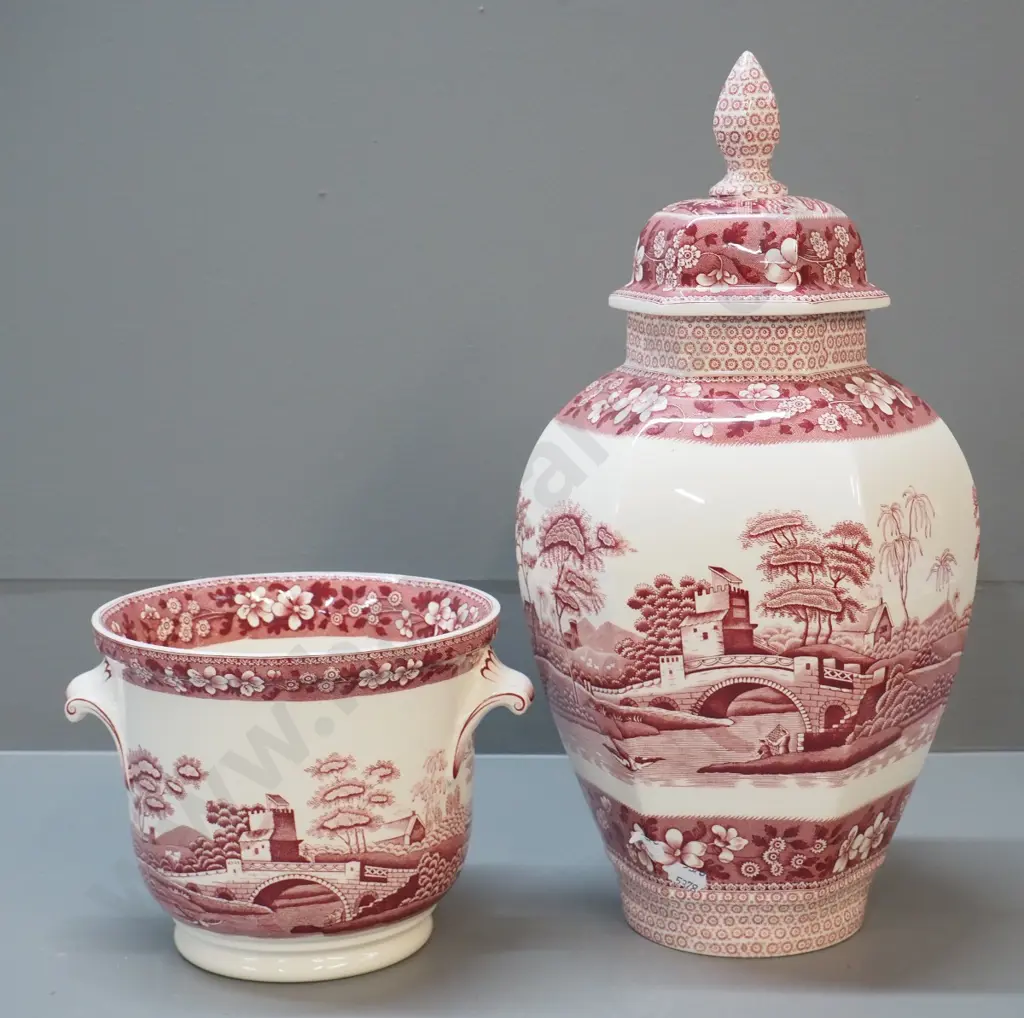 2 pieces Spode Pink Tower china - large cover pot H-420 and a small jardiniere Image 1++