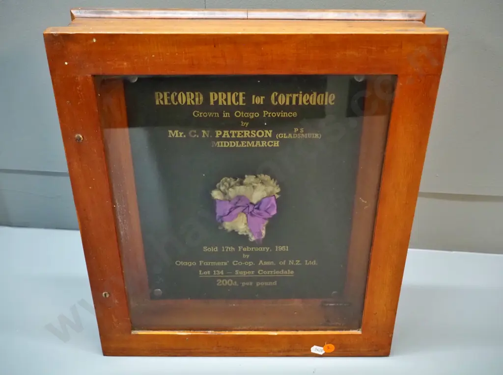 glazed timber display frame with 1951 record wool price for Corriedale, GN Patterson, Middlemarch H400 W350 D80 Image 1++