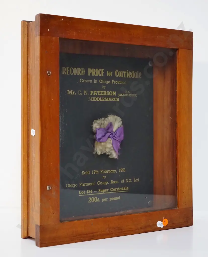 glazed timber display frame with 1951 record wool price for Corriedale, GN Patterson, Middlemarch H400 W350 D80 Image 1++