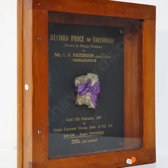 glazed timber display frame with 1951 record wool price for Corriedale, GN Patterson, Middlemarch H400 W350 D80