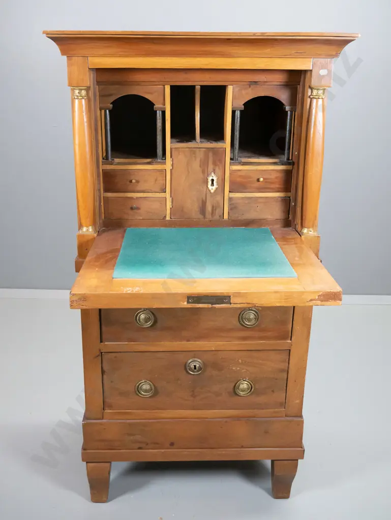 vintage Empire style walnut drop-front writing desk with 2 drawers, interior pigeonholes and lockable cupboard, Image 1++