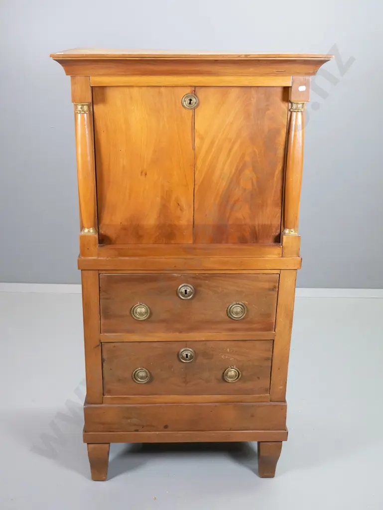 vintage Empire style walnut drop-front writing desk with 2 drawers, interior pigeonholes and lockable cupboard, Image 1++