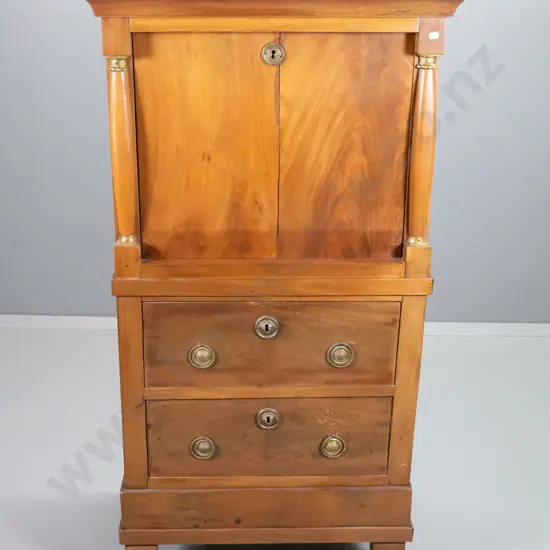 vintage Empire style walnut drop-front writing desk with 2 drawers, interior pigeonholes and lockable cupboard,