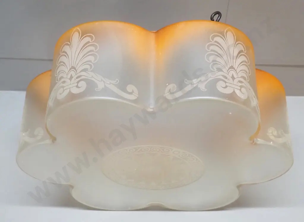 deco frosted &etched clear & orange hanging light shade with 3 chains & journal (some chips) H-130 D-400 Image 1++