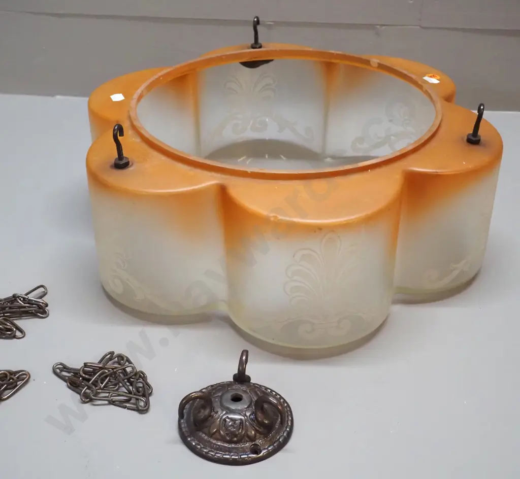 deco frosted &etched clear & orange hanging light shade with 3 chains & journal (some chips) H-130 D-400 Image 1++