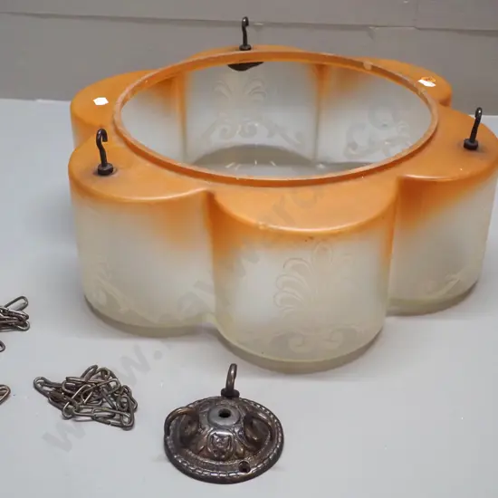 deco frosted &etched clear & orange hanging light shade with 3 chains & journal (some chips) H-130 D-400