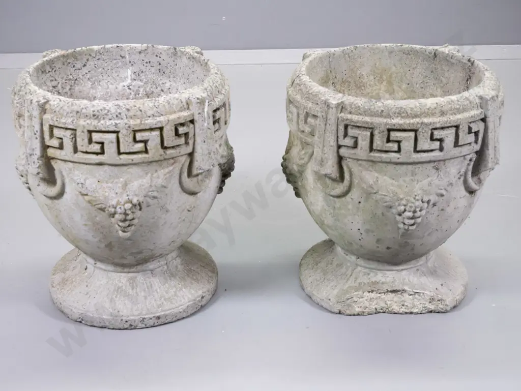 pair classical style cast concrete garden urns - one has small chip, other cracks and large chip H-450 D-400 Image 1++
