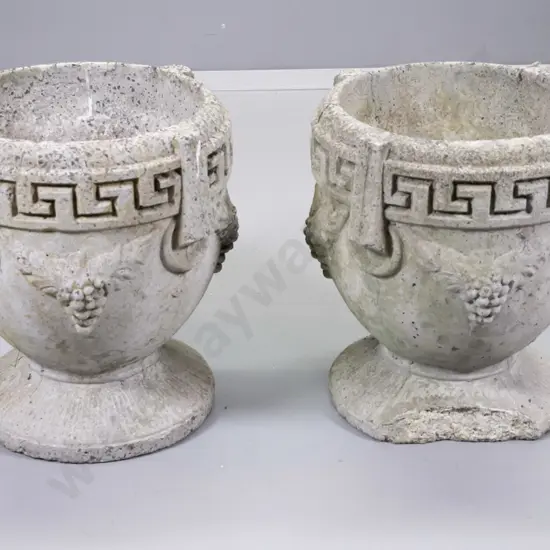 pair classical style cast concrete garden urns - one has small chip, other cracks and large chip H-450 D-400