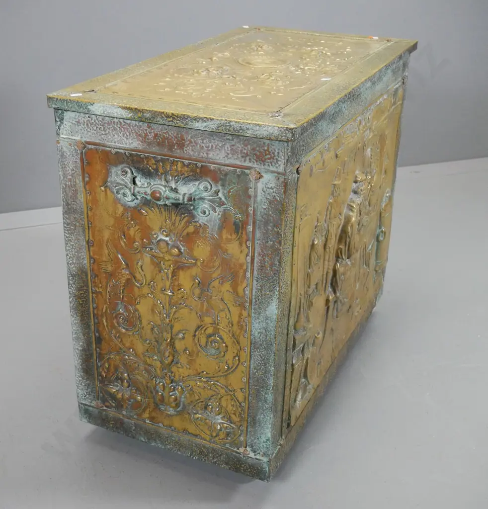 pressed brass over timber storage box / chest with lift top, ornate brass handles H-650 W-760 D-400 Image 1++