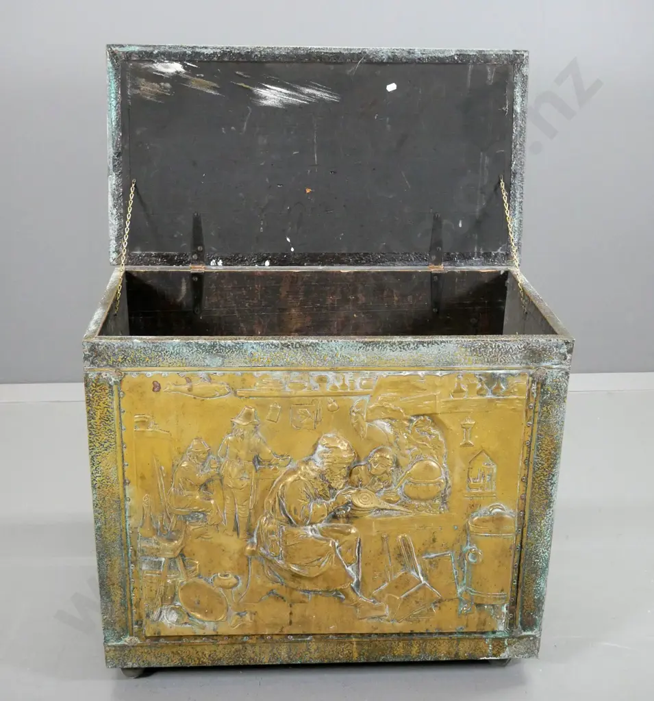pressed brass over timber storage box / chest with lift top, ornate brass handles H-650 W-760 D-400 Image 1++