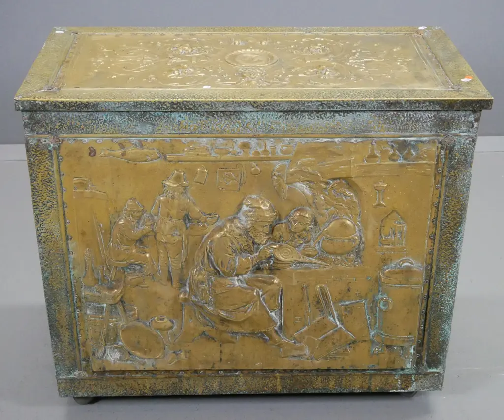 pressed brass over timber storage box / chest with lift top, ornate brass handles H-650 W-760 D-400 Image 1++