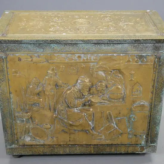 pressed brass over timber storage box / chest with lift top, ornate brass handles H-650 W-760 D-400