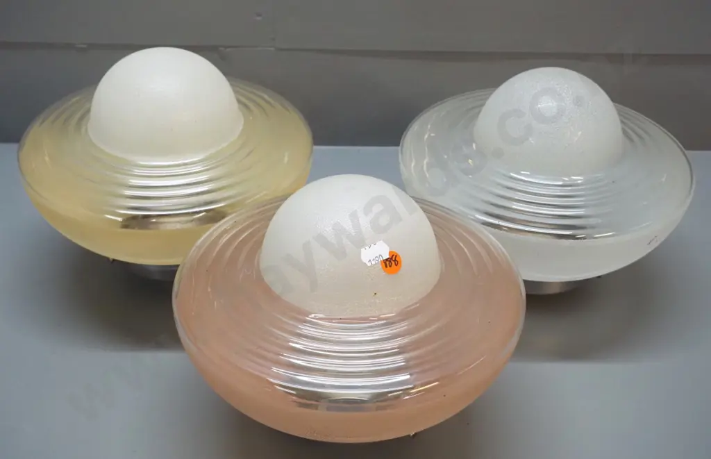 3 retro frosted and clear ceiling light fittings - same style in 3 colours - with chrome journals H-200 D-240 Image 1++