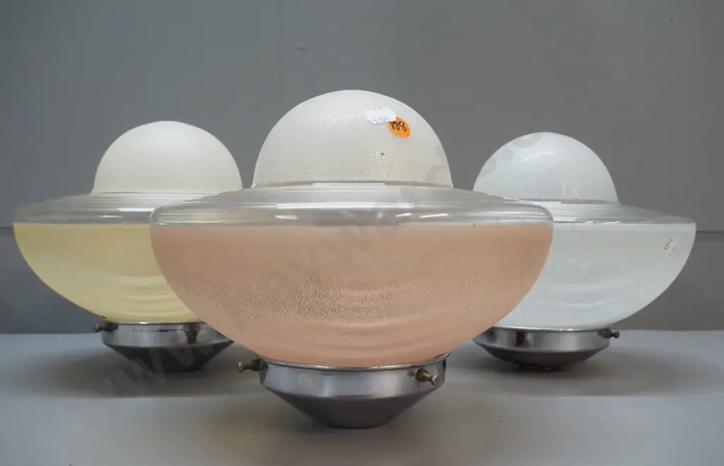 3 retro frosted and clear ceiling light fittings - same style in 3 colours - with chrome journals H-200 D-240 Image 1++