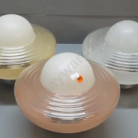3 retro frosted and clear ceiling light fittings - same style in 3 colours - with chrome journals H-200 D-240