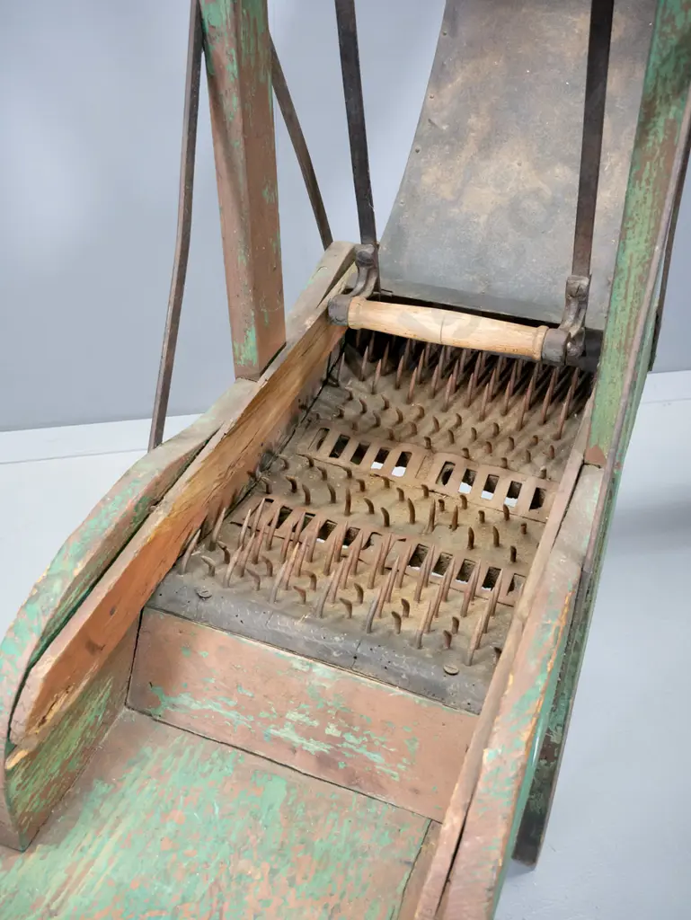 vintage timber wool carder / seat with cast iron swinging mechanism and plates H-1070 L-1200 W-320 Image 1++