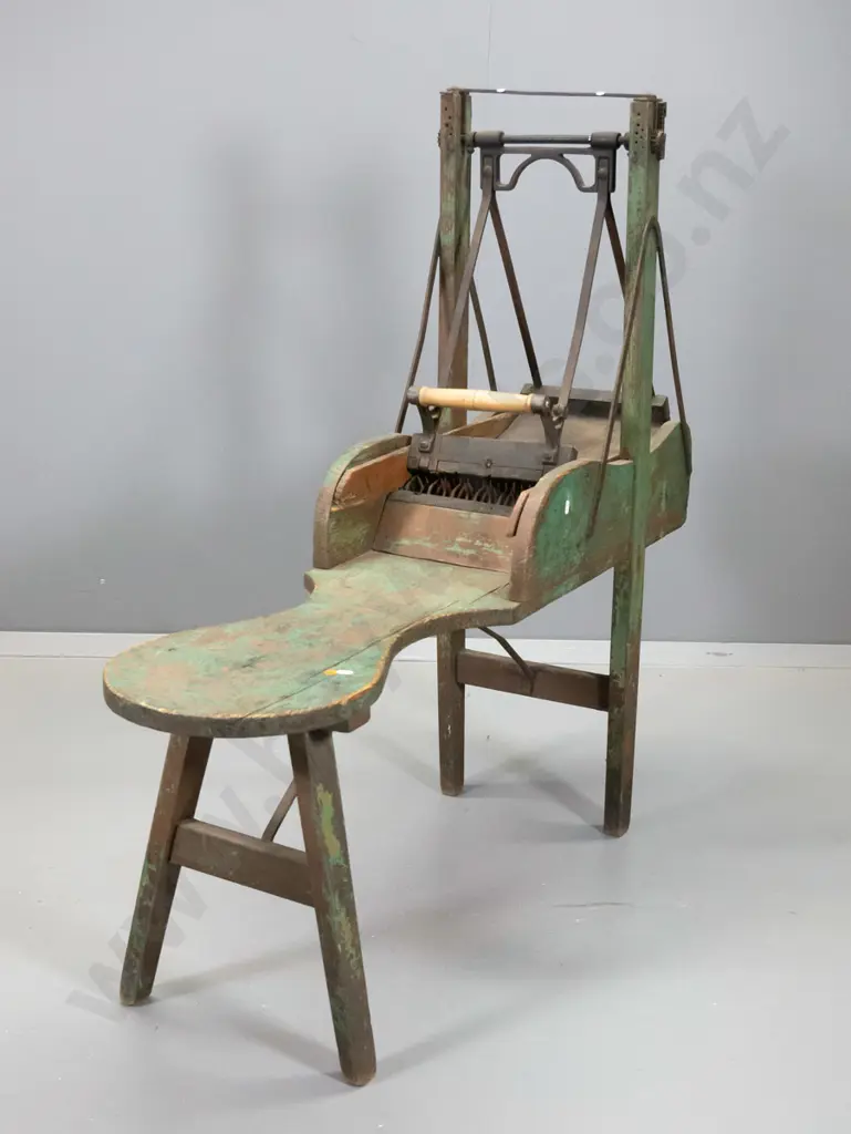 vintage timber wool carder / seat with cast iron swinging mechanism and plates H-1070 L-1200 W-320 Image 1++