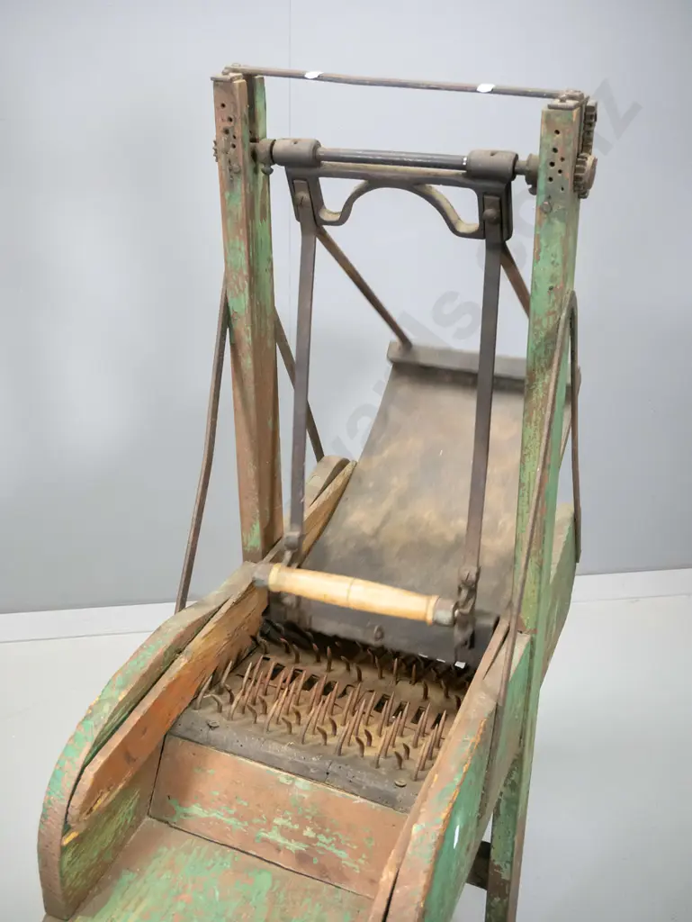 vintage timber wool carder / seat with cast iron swinging mechanism and plates H-1070 L-1200 W-320 Image 1++