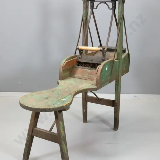 vintage timber wool carder / seat with cast iron swinging mechanism and plates H-1070 L-1200 W-320