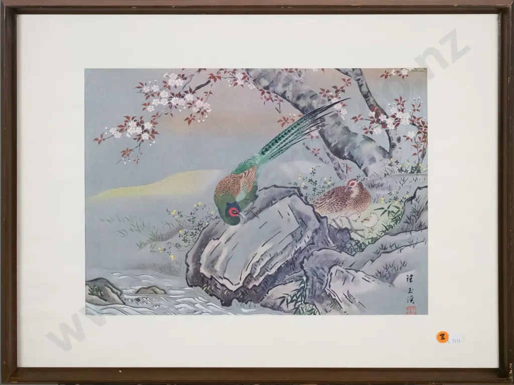 framed Japanese print - pheasant family H-280 W-390 Image 1++