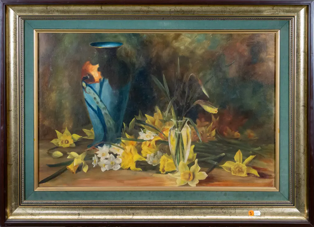 framed oil - still life flowers and vase H-390 W-600 Image 1++