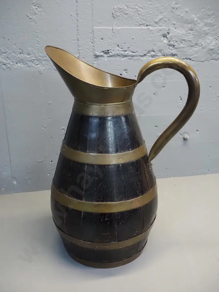 large ornamental brass and timber slat jug H-600 D-340 Image 1++