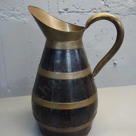 large ornamental brass and timber slat jug H-600 D-340
