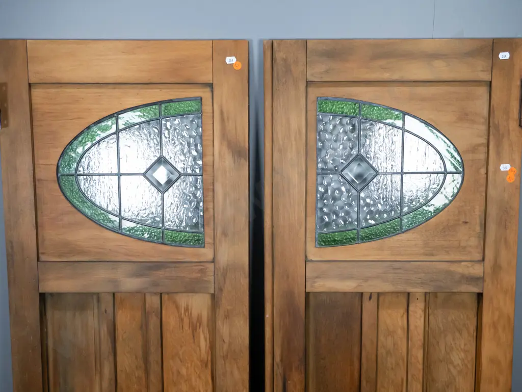 pair of vintage kauri deco cupboard doors w/stained glass w/original brass escutcheon, hinges & handle - some splitting Image 1++