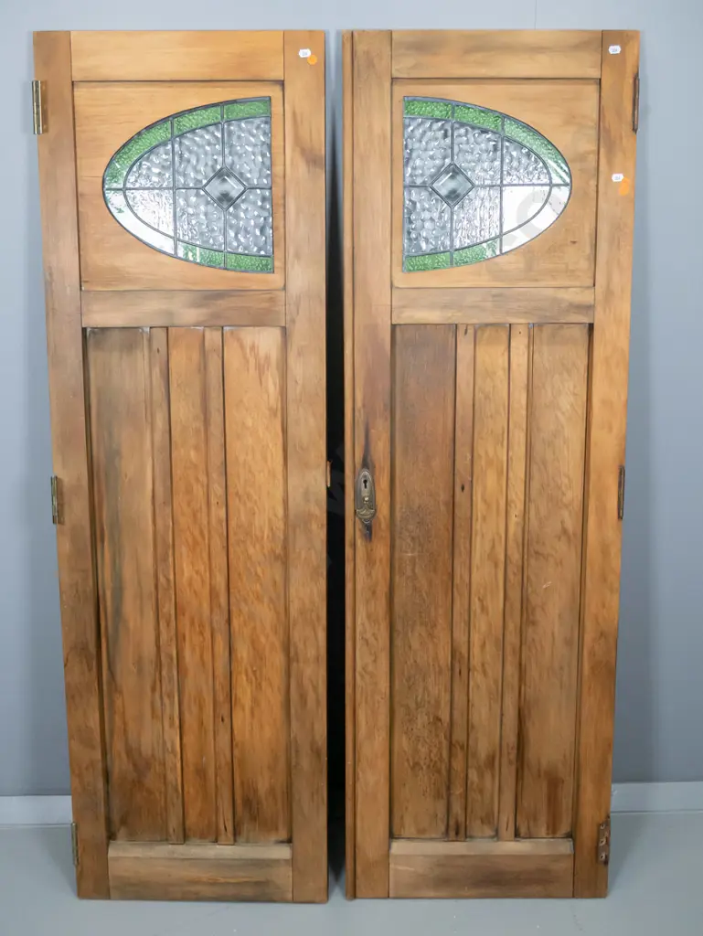 pair of vintage kauri deco cupboard doors w/stained glass w/original brass escutcheon, hinges & handle - some splitting Image 1++