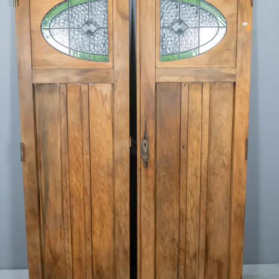 pair of vintage kauri deco cupboard doors w/stained glass w/original brass escutcheon, hinges & handle - some splitting