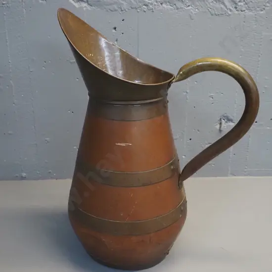 large copper and brass jug - some wear and small dents H-530 D-280