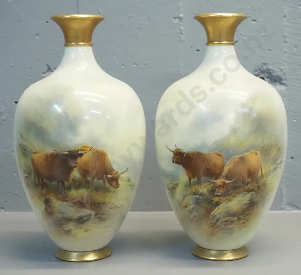 pair hand-painted Royal Worcester highland cattle vases - signed (G?) Stinton H-270 Image 1++