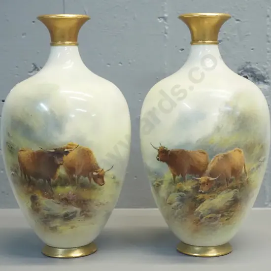 pair hand-painted Royal Worcester highland cattle vases - signed (G?) Stinton H-270