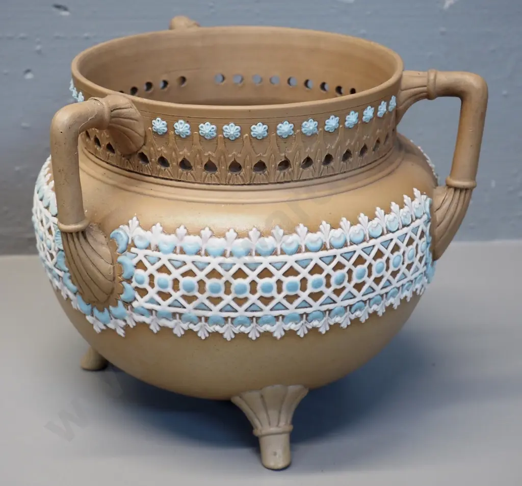 Doulton Lambeth 'Silicon ware' jardinere with 3 handles, 3 feet - H200 D-250 Image 1++