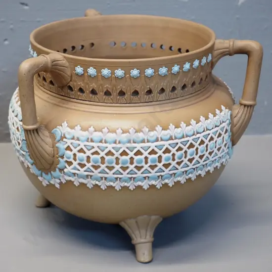 Doulton Lambeth 'Silicon ware' jardinere with 3 handles, 3 feet - H200 D-250