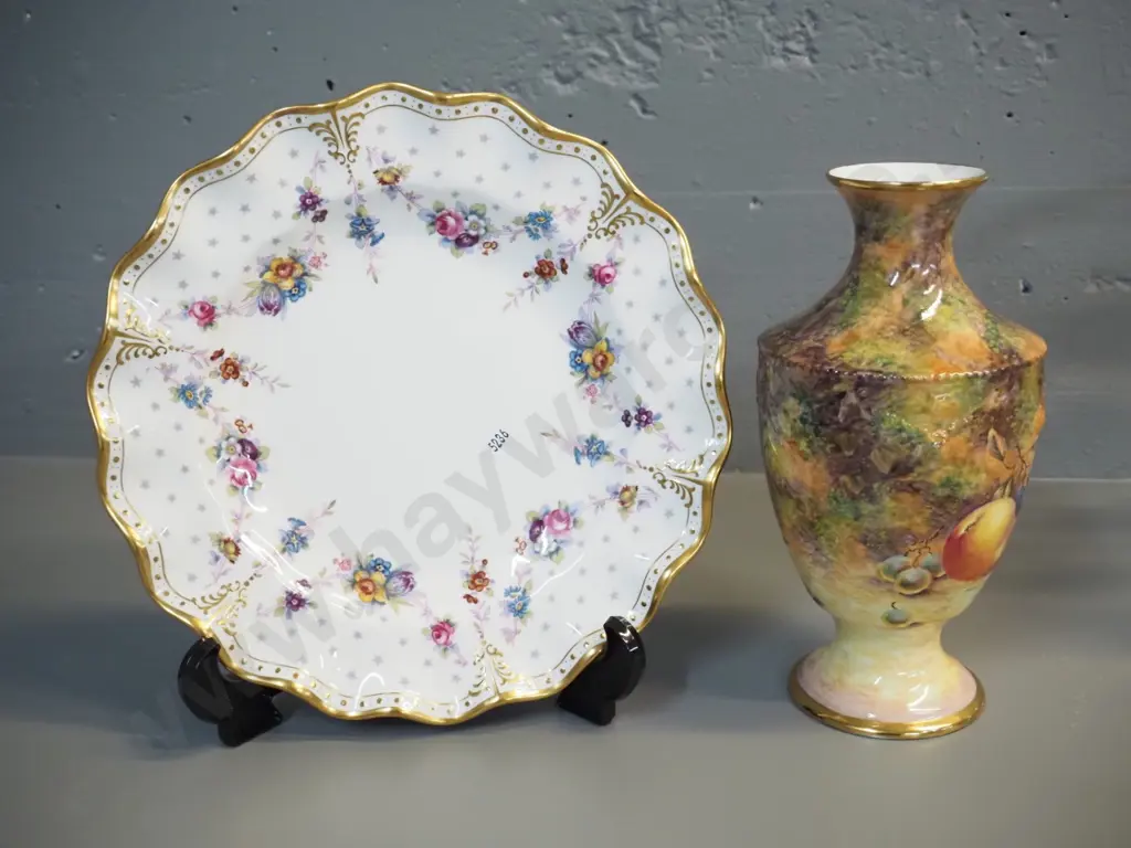 signed New Zealand Hereford fruits pattern vase H225 and a Royal Crown Derby floral cabinet plate Image 1++
